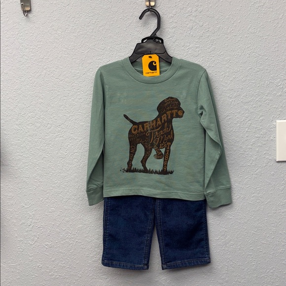 NWT Carhartt Kids Sz 24mo Mint Dog Graphic LSS and Matching Denim Pant Set - Picture 1 of 9